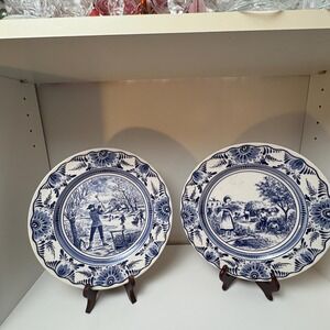Luneville France faience blue and white country scene fall winter harvest plates